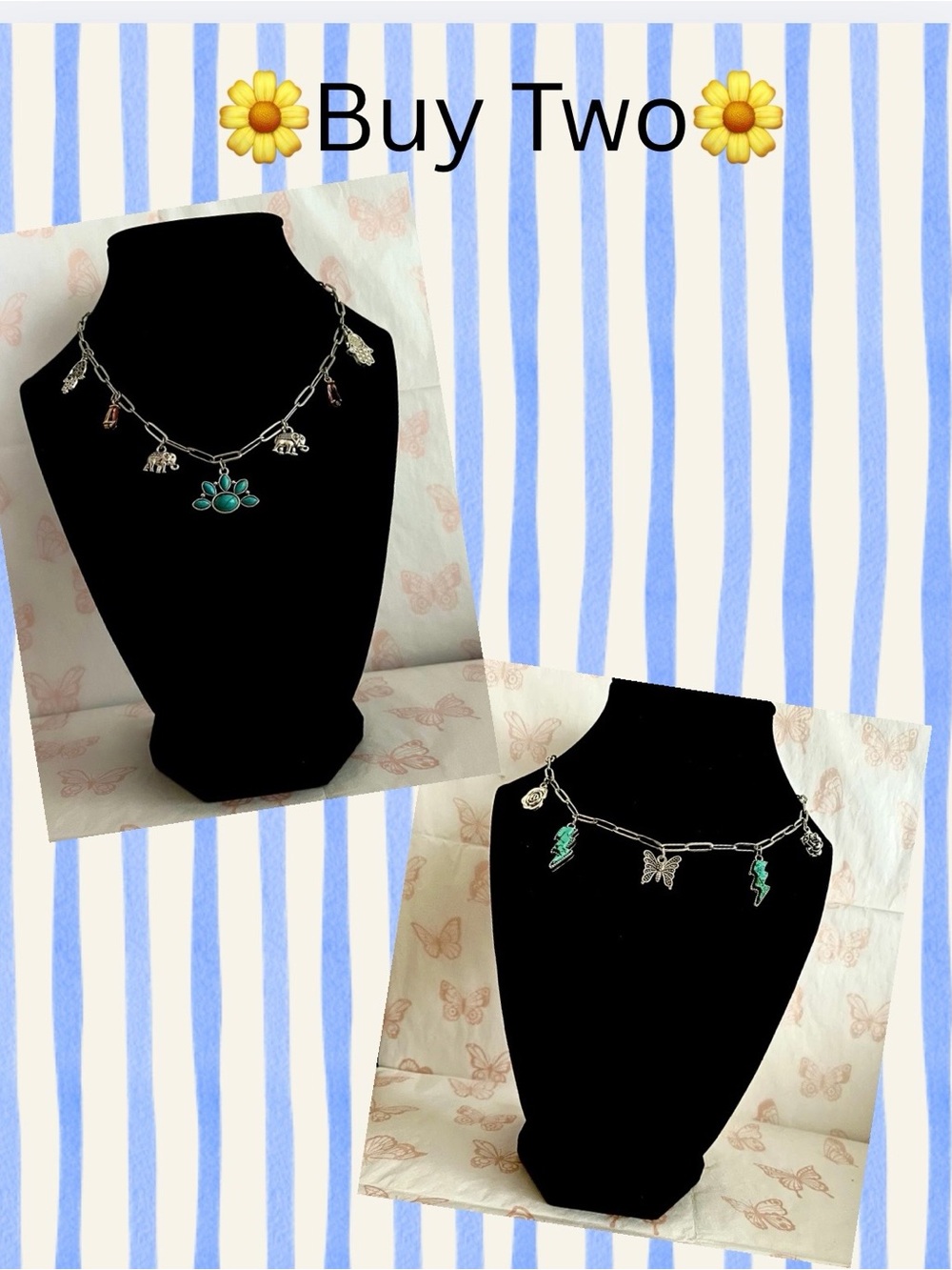 Silver Tone Boho Charm Necklace Bundle Turquoise Butterfly Elephant Y2K